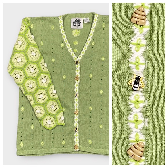 Storybook Knits Sweaters - Vintage Storybook Knits Honeycomb Beehive Crochet Sleeve Cardigan Large